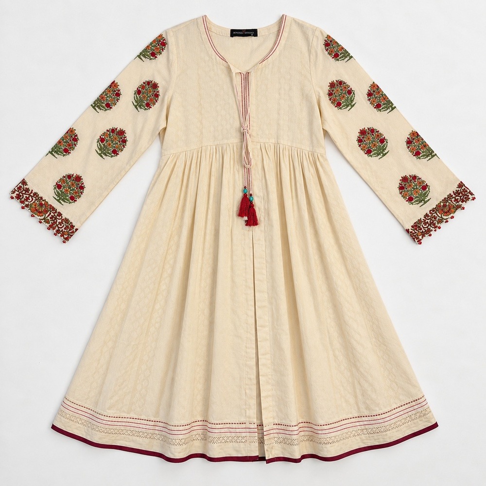Wool Dress Embroidered Bonanza Satrangi Women Cream Floral Tunic Dress Tassel M